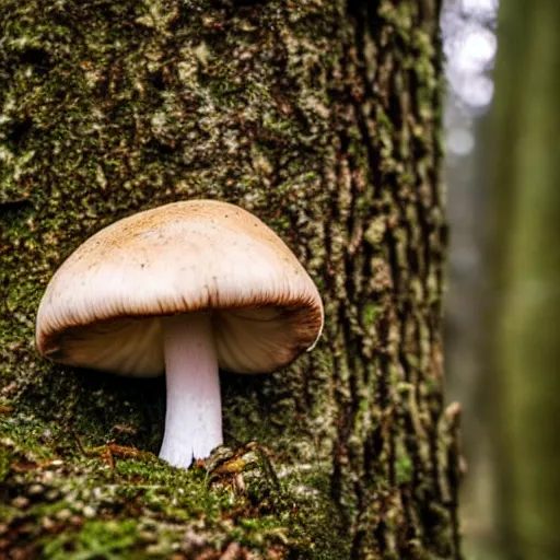 Image similar to photo of a mushroom in front of an old crt monitor displaying white noise in a forest, 4 k, detailed, realistic, cinematic, gloomy lighting, shallow dof
