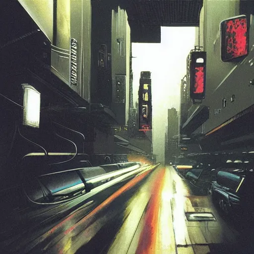 Prompt: from movie bladerunner, a scifi vehicle in a street, scene from bladerunner movie, syd mead