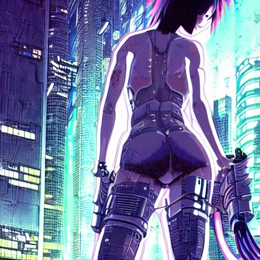 beautiful cyberpunk anime style illustration of motoko