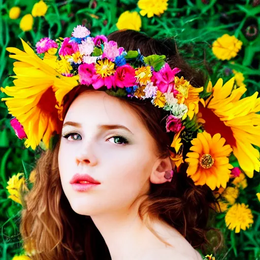 Prompt: a portrait of a young lady with perfect face, hot summertime hippie, fancy dress , flowers background , sunny day, highly detailed, realistic portrait, perfect design, natural light