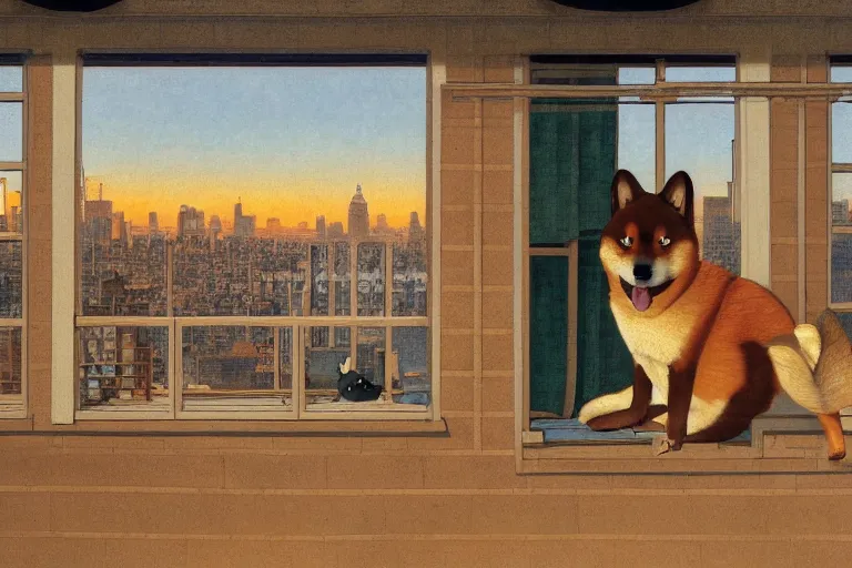 Image similar to painting of a shiba inu in a rooftop, watching new york, beautiful, sunset, romantic, by ludwig deutsch and maxfield parrish, patterned tilework, extremely detailed, cinematic lighting, smooth sharp focus