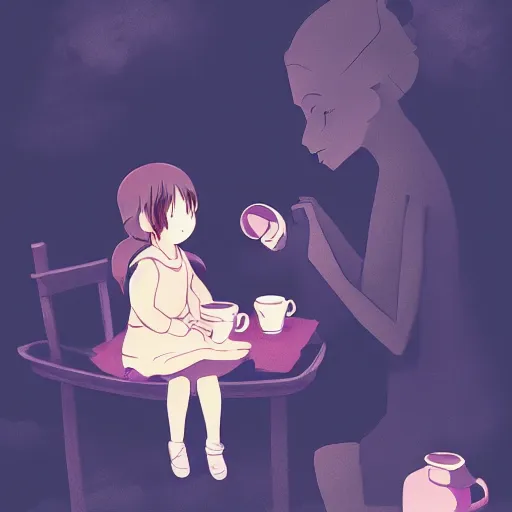 Image similar to little girl drinking tea with a friendly cryptid, digital art, artstation, studio ghibli