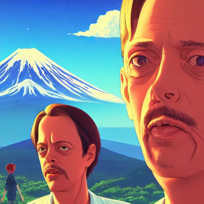 Image similar to portrait of steve buscemi, mount fuji background, rich vivid colors, ambient lighting, dynamic lighting, 4 k, hq, official media, anime key visual, makoto shinkai, ilya kuvshinov, lois van baarle, rossdraws, detailed, trending on artstation