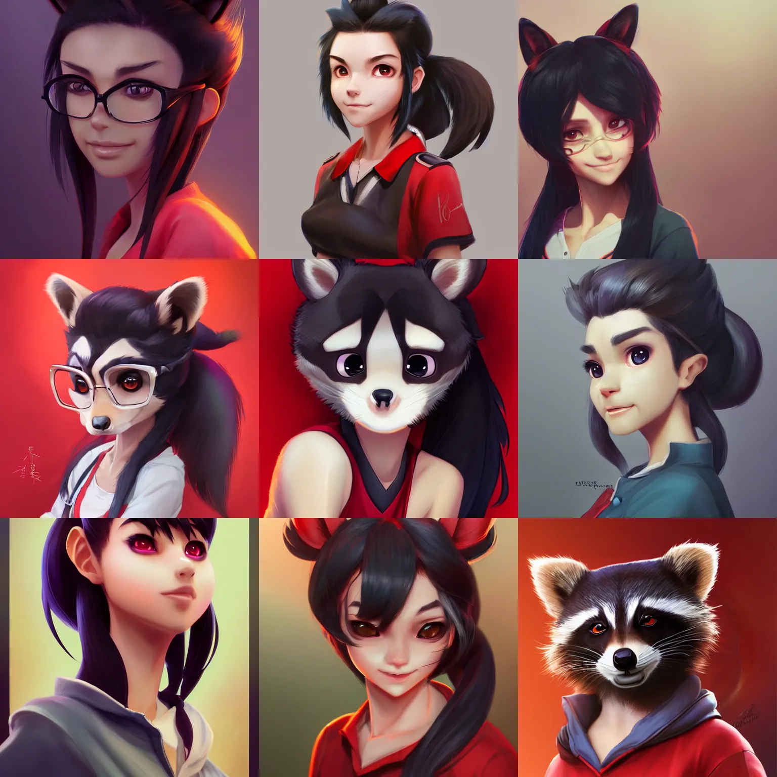 Prompt: beautiful portrait of a female anthropomorphic raccoon fursona with black hair in a ponytail wearing a red shirt. character design by charlie bowater, ross tran, artgerm, and makoto shinkai, detailed, soft lighting, rendered in octane