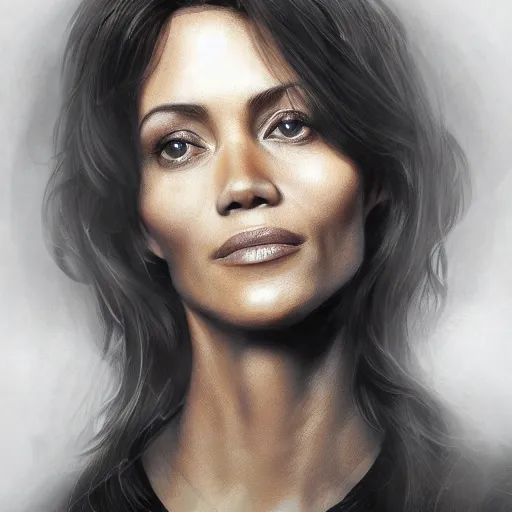 Image similar to portrait of maci holloway, first woman elected as president in usa, cold but beautiful, about 3 5 years old, highly detailed, mix of halle berry and julia roberts, gong li, olga kurylenko, artstation hd, deviantart, by artgem, greg rutkowski