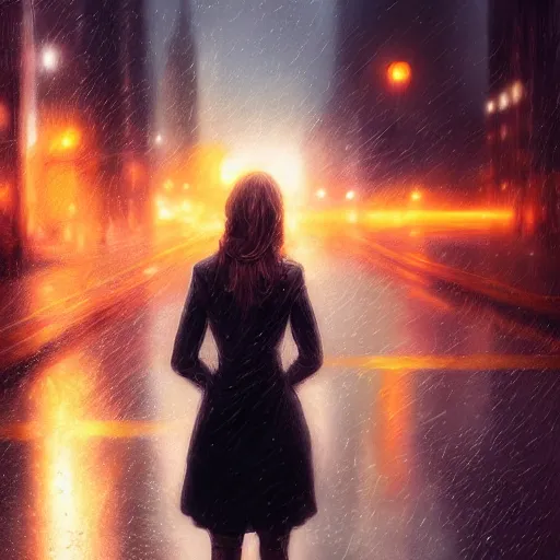 Prompt: detailed intricate digital illustration by greg rutkowski and artgerm and wlop and sanford robinson gifford ; girl standing in windy rainy city street, long exposure light streaks from car lights ; 1 3 mm film, arri alfa anamorphic lens ; sharp focus ; trending on artstation 8 k close view