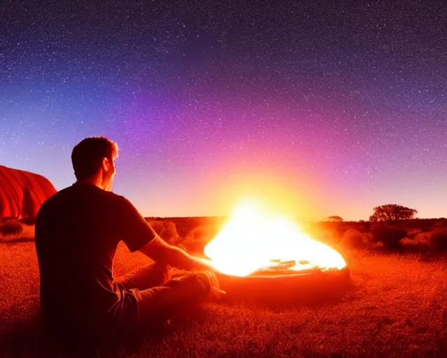 Prompt: close - up of man sitting playing medicine drum at campfire under cosmic night sky with uluru in background, global illumination radiating a glowing aura global illumination ray tracing hdr render in unreal engine 5, dramatic atmospheric volumetric lighting