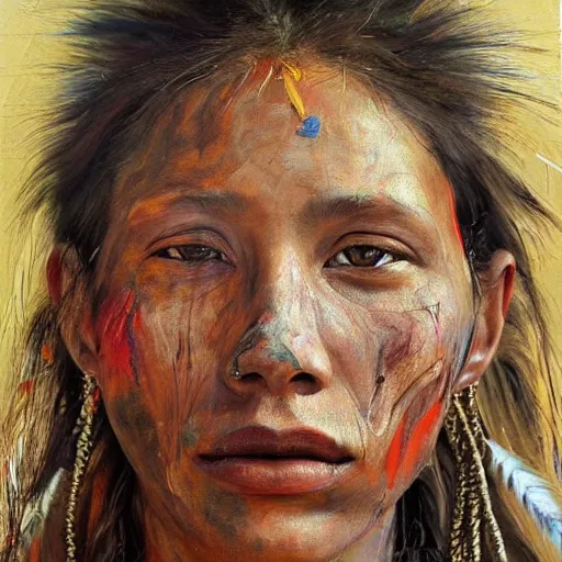Image similar to high quality high detail painting by jenny saville, hd, a skinny beautiful indigenous woman tribe leader, hair in wind, many pretty feathers, photorealistic lighting