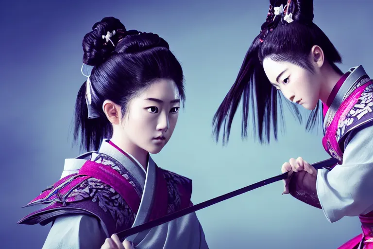 Image similar to highly detailed beautiful photo of a young female samurai, practising sword stances, symmetrical face, beautiful eyes, realistic anime art style, 8 k, award winning photo, pastels, action photography, 1 / 1 2 5 shutter speed, dramatic lighting