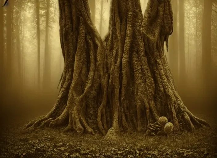 Prompt: an incredibly scary and very very unique creative monster of the forest, ancient folk legend, hyperrealistic concept art, sepia photography in the forest