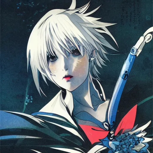Prompt: a japanese girl with silver hair and blue eyes and demon wings holding an umbrella at night, shot from below, sparkling eyes, illustration by Yoji Shinkawa