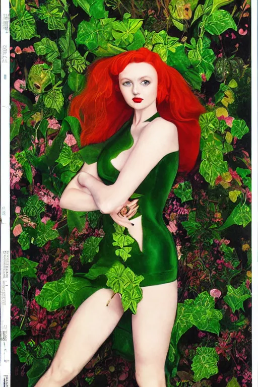 Image similar to full body portrait of lily cole as poison ivy, wearing a green dress and floral growths, epic details by alex ross