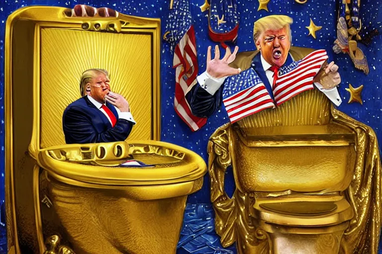 Image similar to David Dees illustration of Donald Trump crying on a golden toilet in a tacky gold bathroom