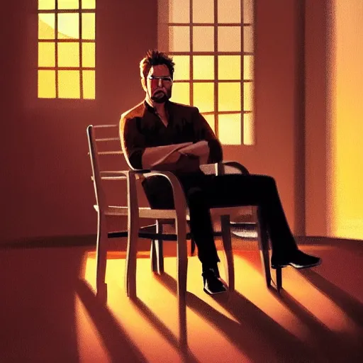 Prompt: concept art of tony stark sitting in an armchair in a room with the setting sun, cinematic shot, painting by jama jurabaev, extremely detailed, brush hard, artstation, high quality, brush stroke