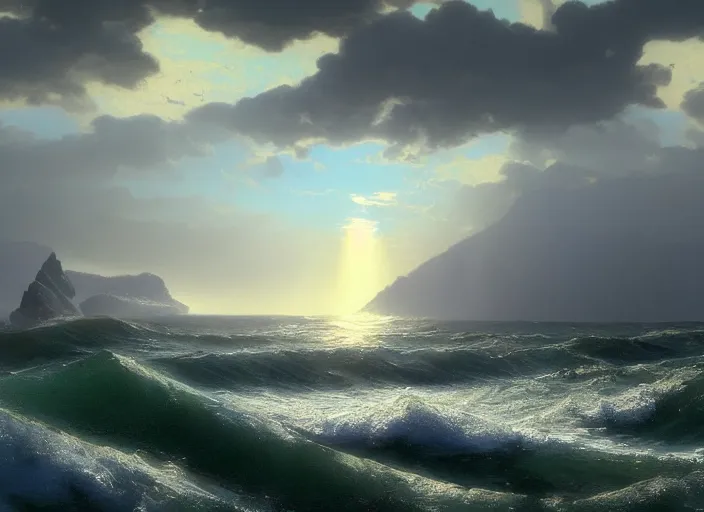 Image similar to an seascape painted by, mc escher, gordon onslow ford, georgia o'keeffe and ivan aivazovsky, cinematic light, god rays, unreal engine, zbrush central,