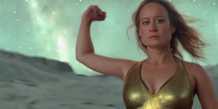 Image similar to film still of unrealistically curvy brie larson, focus on facial - detail!!!!!!, walking on the bifrost, toward an endless abyss in space, wearing a flowy bikini inspired by ancient roman clothing, beautiful astronomical background with galaxies and nebulas, lack of sunlight, 8 k resolution, cinematic lighting, anatomically correct, by christopher nolan