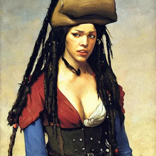 Prompt: a female pirate from avatar, painting by courbet