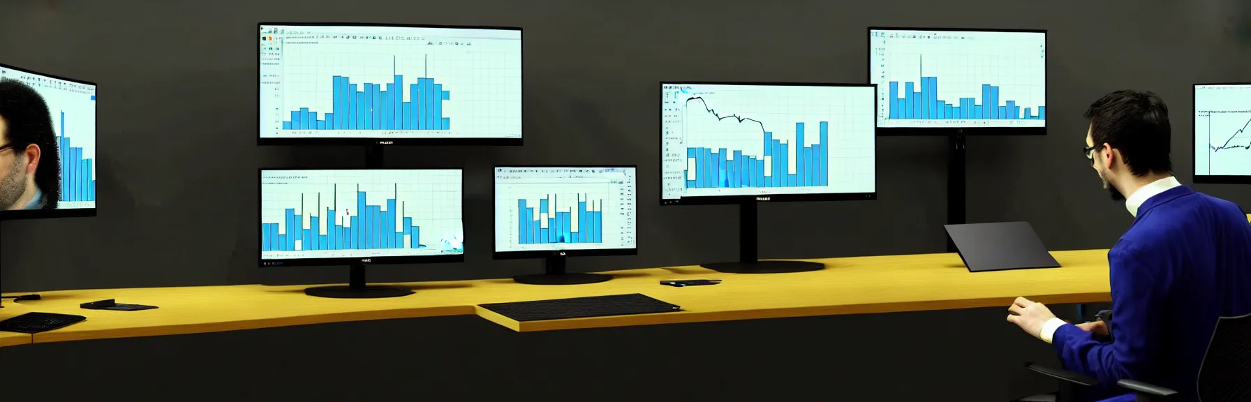 Image similar to a crypto trader is looking at a monitor with eager look, a keyboard, some office accessories and multiple monitors on the table, lots of graphs and charts on the monitor, twitter feed on another monitor, some matrix like wallpaper screensaver on another monitor; very detailed, photorealistic, ultrarealistic, 8K, by John Singer Sargent, Johannes Vermeer; artstation, unreal engine 5