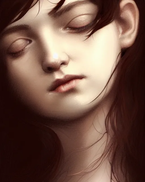 Prompt: portrait of a welsh teenage girl with brown hair, dark brown eyes, glowing skin, delicate features, quiet beauty, amelie poulain, young Mary Louise Parker, fantasy, intricate, elegant, dress shirt, highly detailed, digital painting, artstation, concept art, smooth, sharp focus, illustration, art by Krenz Cushart and Artem Demura and alphonse mucha