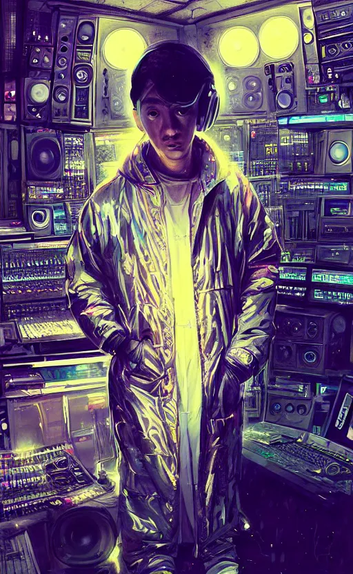 Image similar to detailed portrait of a music producer in his studio lab, neon operator, cyberpunk futuristic neon, reflective puffy coat, decorated with traditional japanese ornaments by ismail inceoglu dragan bibin hans thoma greg rutkowski alexandros pyromallis nekro rene maritte illustrated, perfect face, fine details, realistic shaded, fine - face, pretty face