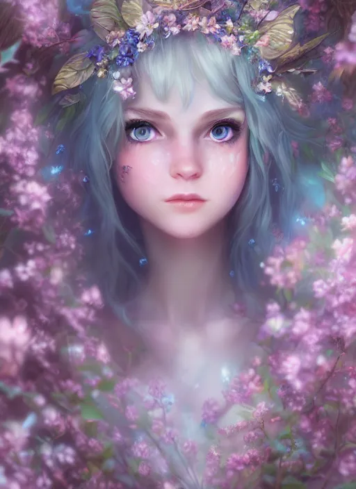 Prompt: portrait of a gorgeous fairy princess of the forest, detailed perfect blue eyes, highly detailed iridescent floral pattern skin, ultra realistic, cinematic lighting, depth of field, artstation, NeoArtCorE