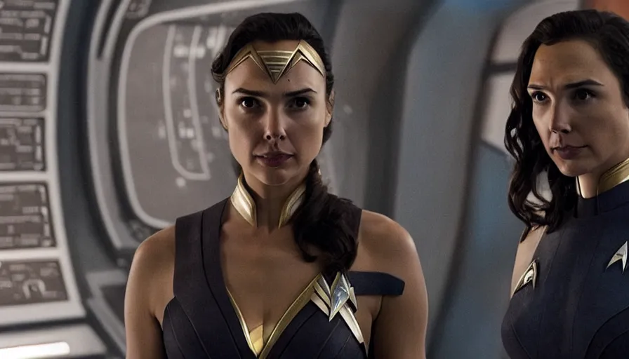 Image similar to Gal Gadot, in full starfleet uniform, is the captain of the starship Enterprise in the new Star Trek movie