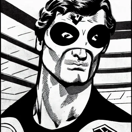 Image similar to soviet russian superman with an eyepatch, close up, by will eisner