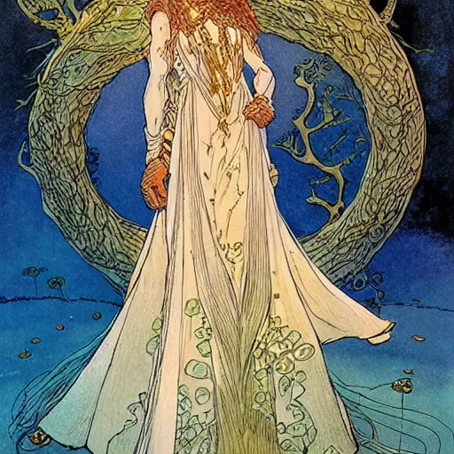 Image similar to a beautiful portrait of sanna!!!!! marin!!!!!, the young female prime minister of finland as a druidic wizard by rebecca guay, michael kaluta, charles vess and jean moebius giraud