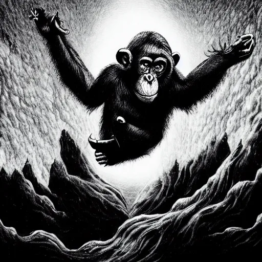 Image similar to chimpanzee descending from heaven, in the style of deathspell omega's fas album cover, illustration, detailed