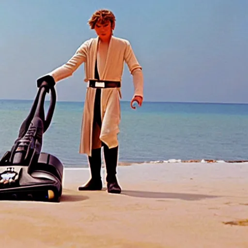 Image similar to Anakin Skywalker!!!, vacuuming on a beach, still from star wars,