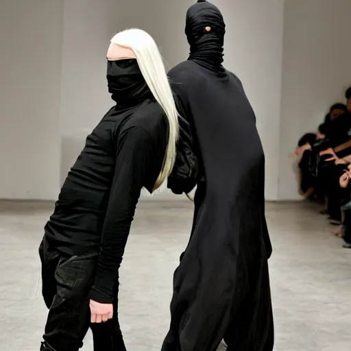 Image similar to a photo of a man and a woman wearing clothes by rick owens, faces covered by black veils, short blond hair, in a liminal space