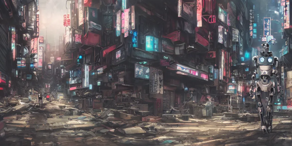 Prompt: a robot mecha wandering in a deserted shinjuku junk town, anime watercolor, soft bloom lighting, paper texture, movie scene, cyberpunk, animatronic, black smoke, pale beige sky pencil marks hd, 4k, remaster, dynamic camera angle, deep 3 point perspective, fish eye, dynamic scene
