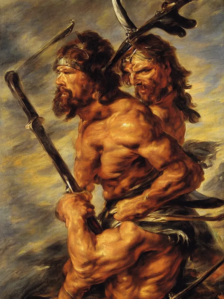 Image similar to a full figure portrait of Conan the barbarian holding a sword, oil painting by Peter Paul Rubens, hd, sharp focus,