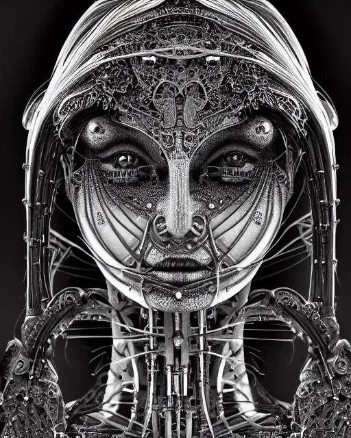 Prompt: a beautiful intricate bio - mechanical feminine face, by h. r. giger, glamor shot, tri - x 4 0 0 tx, closeup, blur effect, high contrast, 1 6 k, rim lights, rembrandt lighting, reflective, insanely detailed and intricate, hypermaximalist, elegant, ornate, hyper realistic, super detailed, surreal dreamy poetic