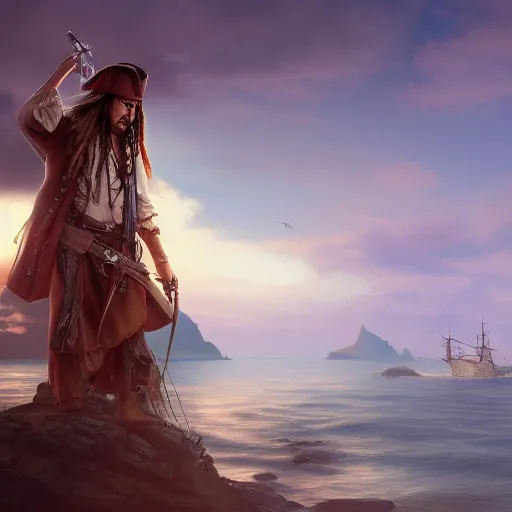 Image similar to Captain Jack Sparrow is looking all over an island for his rum, the moon is rising on the horizon, stars glistening in the night, hyperdetailed, artstation, cgsociety, 8k