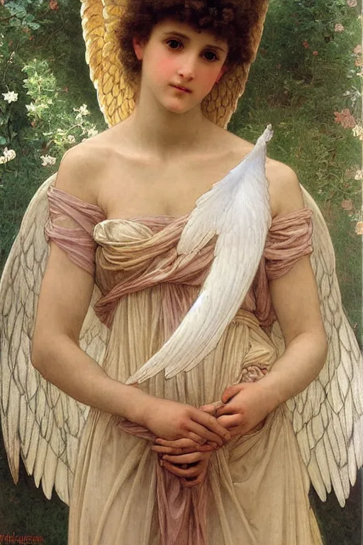 Prompt: portrait of a beautiful angel with large feather wings, intricate, elegant, hyperdetailed by william - adolphe bouguereau and alphonse mucha and john william waterhouse