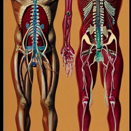 Image similar to a medical illustration of the human artery system, dissected human torso and skull, medical, simple but detailed, in style of da vinci, moebius and mucha