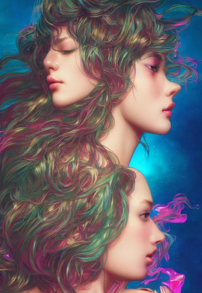 Image similar to beautiful, young woman, detailed gorgeous face, vaporwave aesthetic, synthwave, colorful, psychedelic, artstation, concept art, smooth, extremely sharp detail, finely tuned detail, ultra high definition, 8 k, unreal engine 5, ultra sharp focus, illustration, art by artgerm and greg rutkowski and alphonse mucha