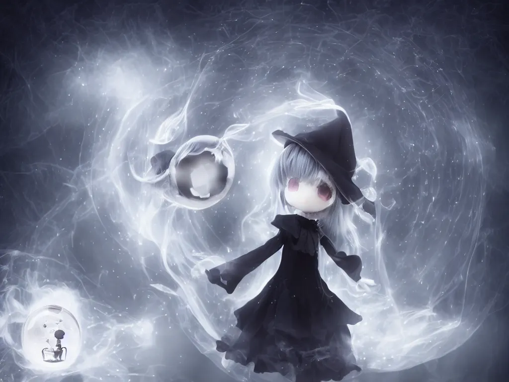 Image similar to cute fumo plush girl gazing into a crystal ball swirling with strange energy, black and white eldritch gothic horror, smoke and volumetric fog, witch girl, soothsayer, lens flare glow, chibi anime, vray