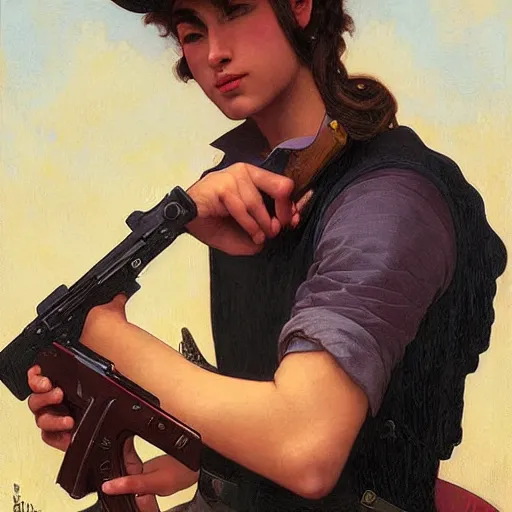 Image similar to a vintage portrait painting of a fantasy male gunslinger, art by tristan eaton and artgerm and william - adolphe bouguereau