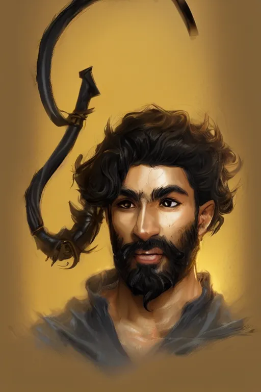 Image similar to Arab man light beard, curly hair, swordsman, modern, hero, leather , yellow and charcoal, character concept art, costume design, trending on artstation, Artgerm , WLOP