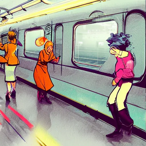 Prompt: fight between grandmas in the train moscow-ryazan, cyberpunk, neon, concept art