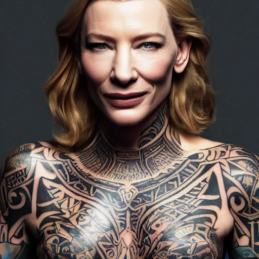 Image similar to high resolution image of cate blanchett with full body maori tattoo , highly detailed, photorealistic, 4k