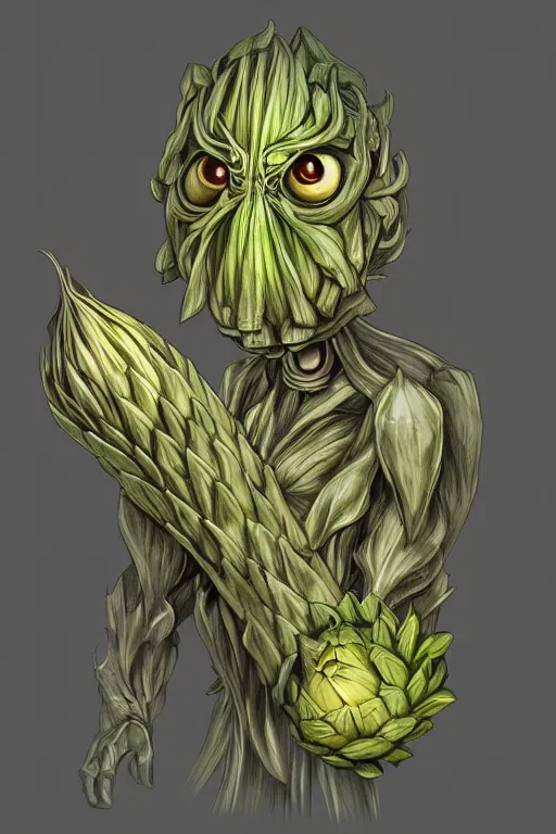 Image similar to humanoid figure with an artichoke head, highly detailed, digital art, sharp focus, trending on art station, monster, glowing eyes, anime art style