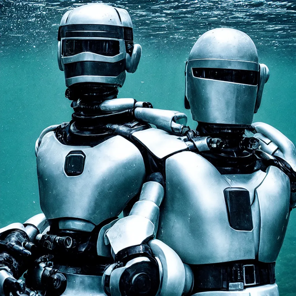 Image similar to An Alec Soth portrait photo of Robocop underwater