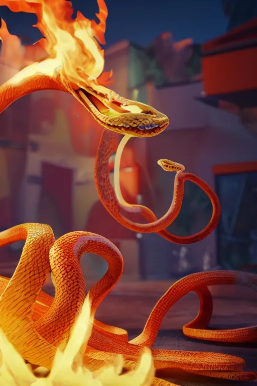 Image similar to a snake spitting fire and eating french fries in a mc donalds commercial, 4k sharp, 3d render , cinema4d by Beeple and pixar