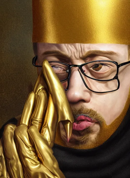 Prompt: Sam Hyde in gold suit, sigma male, accurately portrayed, portrait art by Hieronymus Bosch, highly detailed, digital painting, concept art, illustration, horror element, very detailed, smooth, sharp focus, octane render, close up