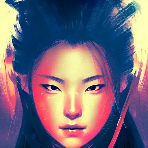 Image similar to portrait of beatiful female samurai in orange light in the style of Raymond Swanland, cinematic, artstation