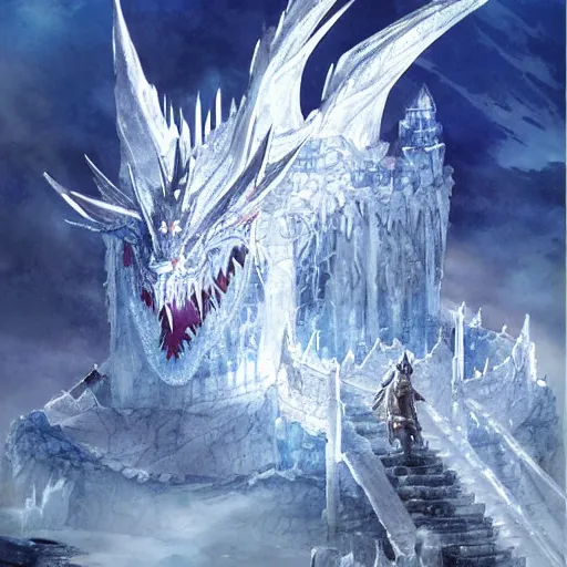 Image similar to highly detailed ice castle floating high above the ground being circled by a small white ice dragon, drawn by Yoji Shinkawa, water color, Dungeons and Dragons, Wizards of the Coast