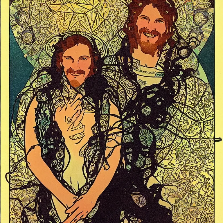 Prompt: fantasy art deco tarot card portrait of aphex twin by mucha